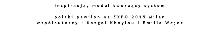 inspiracja, moduł tworzący system polski pawilon na EXPO 2015 Milan
współautorzy : Nazgol Khoylou i Emilia Wejer 