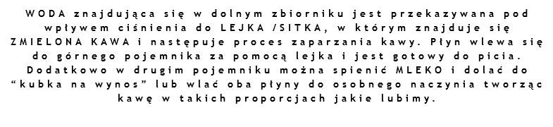 WODA znajdująca się w dolnym zbiorniku jest przekazywana pod wpływem ciśnienia do LEJKA /SITKA, w którym znajduje się ZMIELONA KAWA i następuje proces zaparzania kawy. Płyn wlewa się do górnego pojemnika za pomocą lejka i jest gotowy do picia.
Dodatkowo w drugim pojemniku można spienić MLEKO i dolać do “kubka na wynos” lub wlać oba płyny do osobnego naczynia tworząc kawę w takich proporcjach jakie lubimy.
